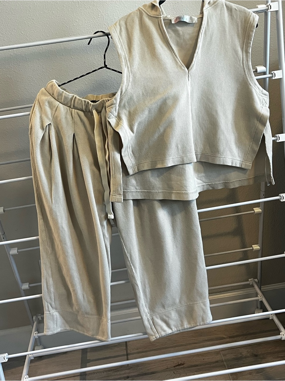 Sleeveless V-Neck Top & Wide-Leg Free People Lounge Pants Set — Cream